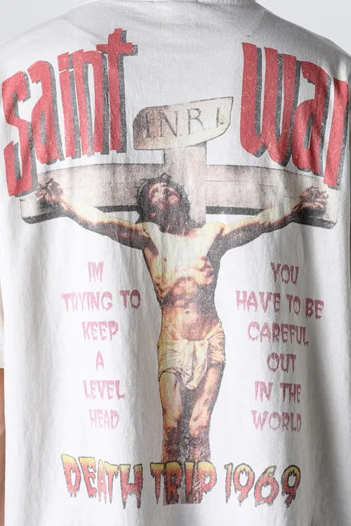 SAINT MICHAEL SAINT WAR TEE/WHAT new style Jesus cross retro short-sleeved, off-white S-XL, ready-to-wear, washed and distressed, printed repeatedly and modified, tube-woven seamless fabric, with little angel anti-counterfeiting label